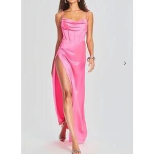 Retrofete Rosa Corset Drape Open Back Satin Maxi Slip Gown Dress Hot Pink Large